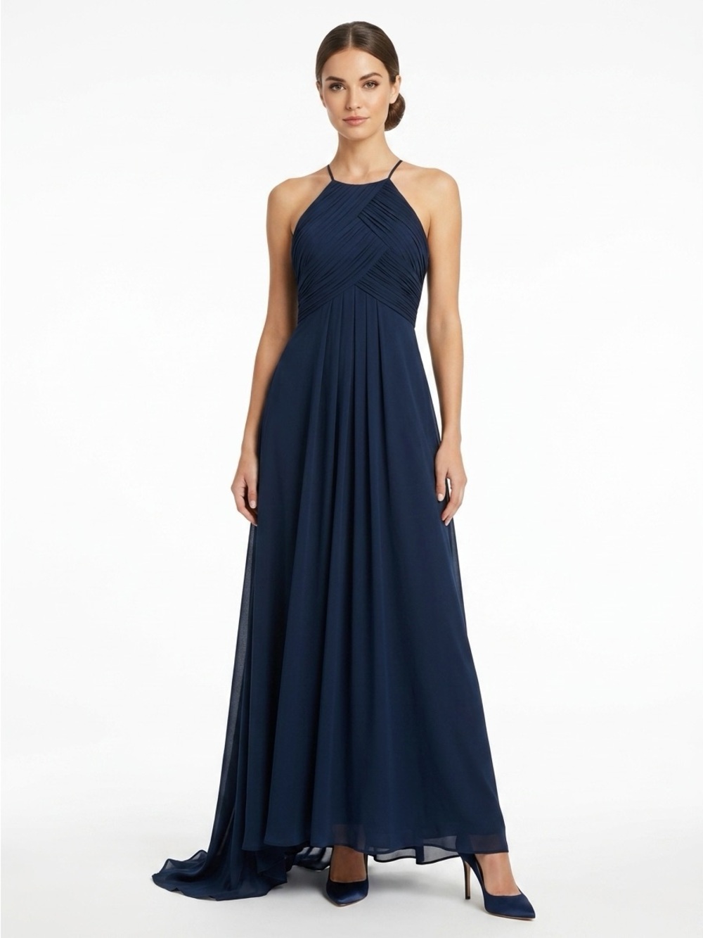 Bill Levkoff Halter Ruched Bodice A-Line Chiffon Gown Navy Blue Size 10